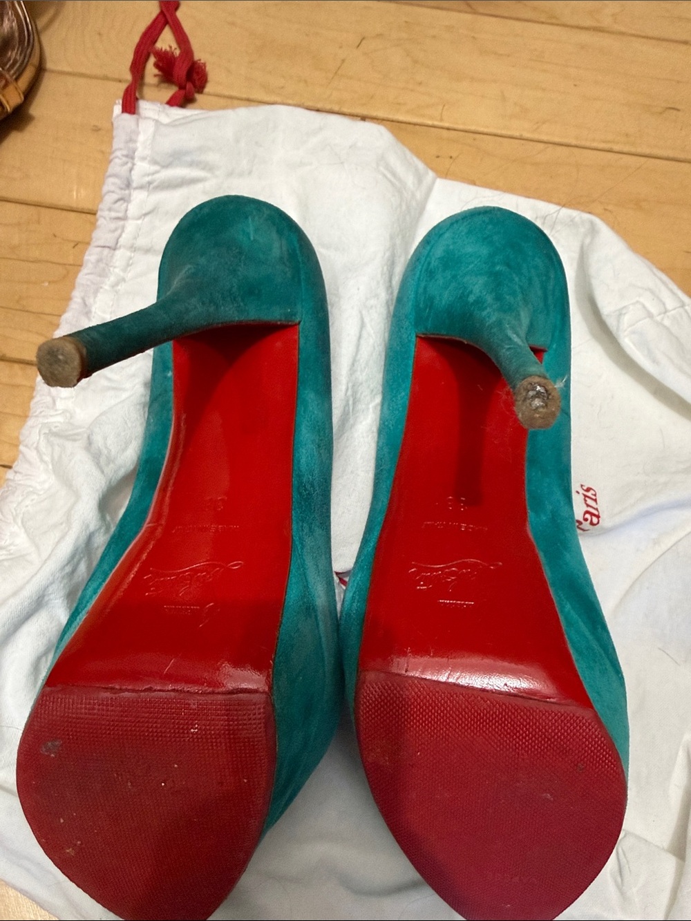 Christian Louboutin Teal Suede Pumps with Signature Red Sole
